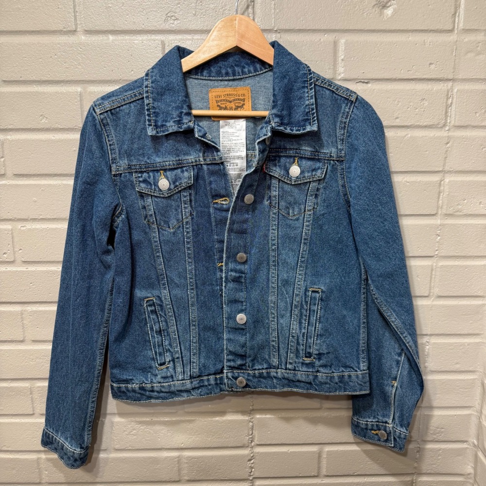 Levis Strauss Blue Denim Trucker Jacket Med Wash 100% Cotton Kids XL Womens XS